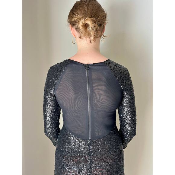 Alice + Olivia Black Sequin Sheer Back Cocktail Dress Sz 6 - Picture 4 of 9
